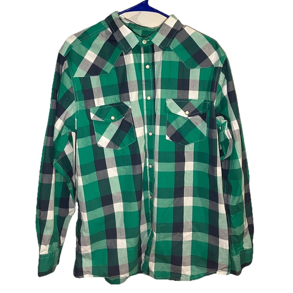 Men's Western Pearl Snap Button Down 100% Cotton Green Plaid Design Double Pump‎